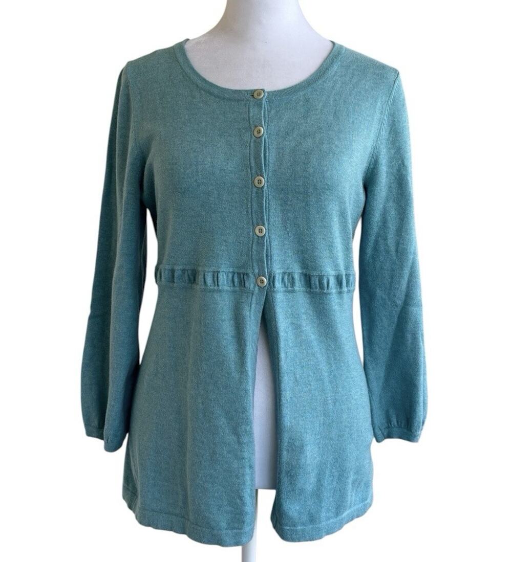 Boden Turquoise Peplum Cardigan Sweater Babydoll Empire Waist Puff Sleeve US 6